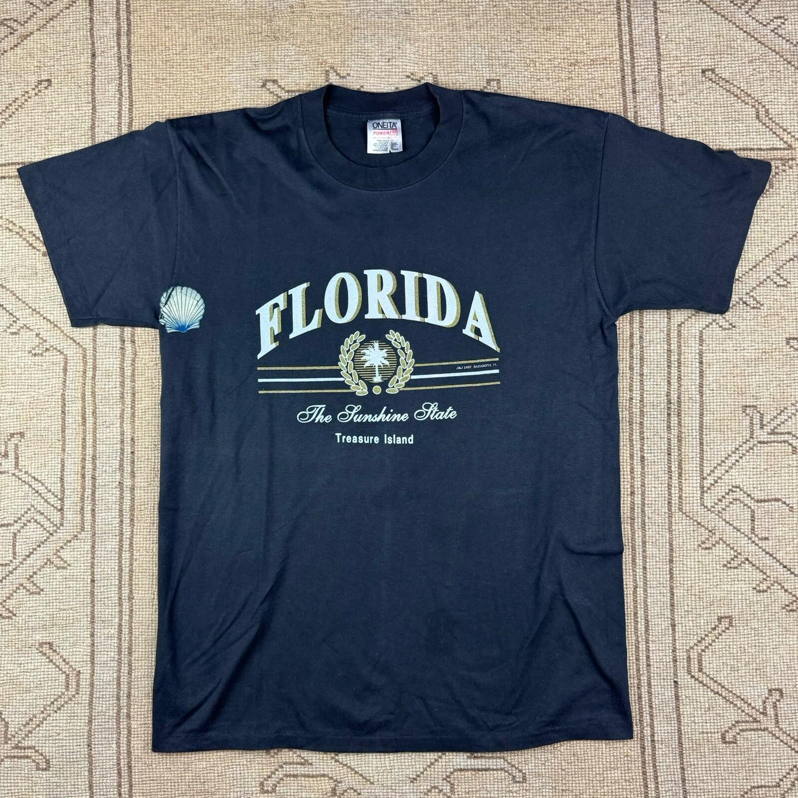 Vintage Oneita Single Stitch Florida Treasure Island Black T Shirt Size Large XXL