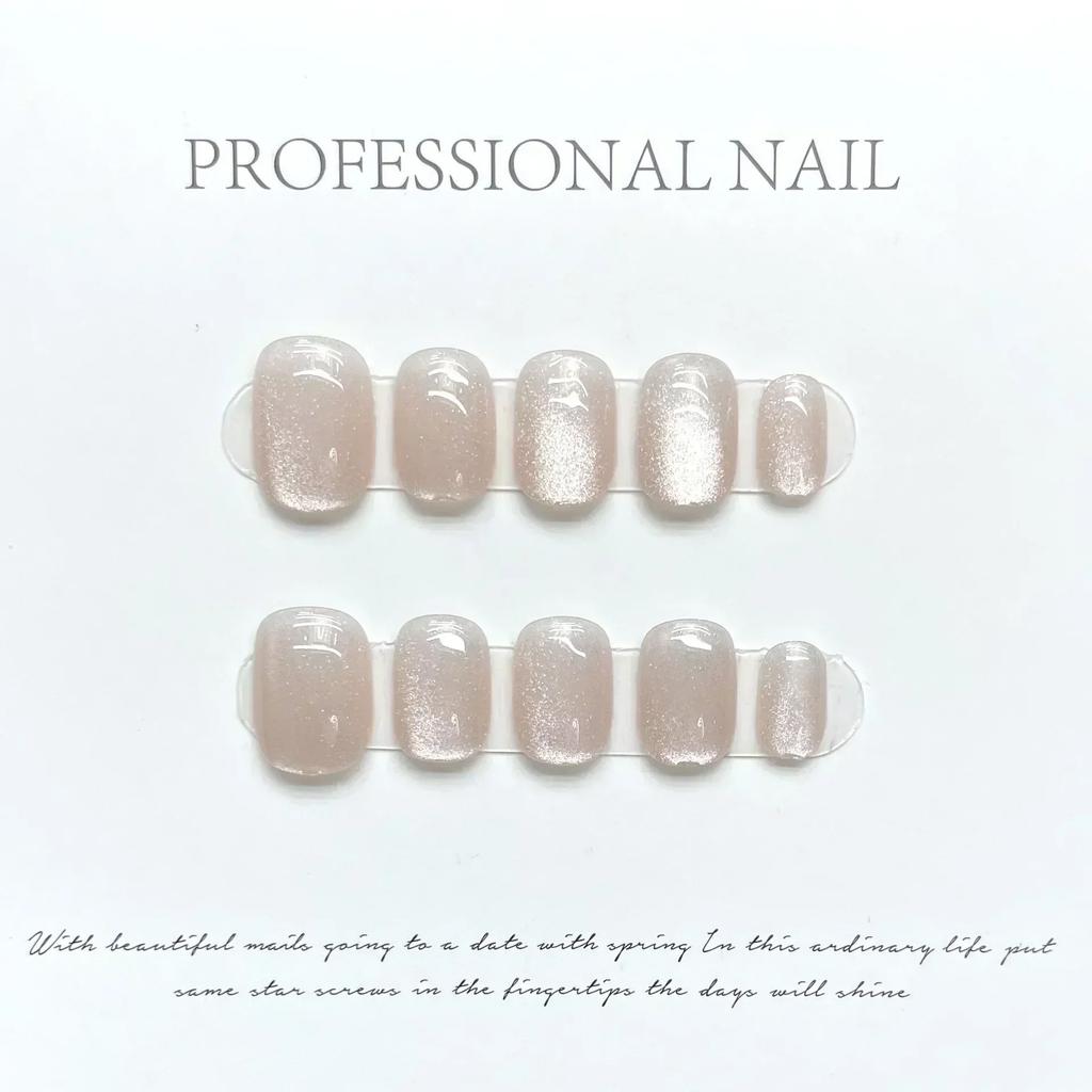 10Pcs Handmade White Cat Eye Short Ballerina Press On Nails Full Cover False Nail Tips Art Decoration