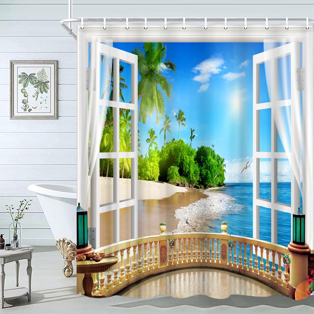 Starfish Beach Bath Shower Curtain Shells Rustic Wooden Planks Palm Trees Natural Landscape Printed Bath Curtains Bathroom Decor