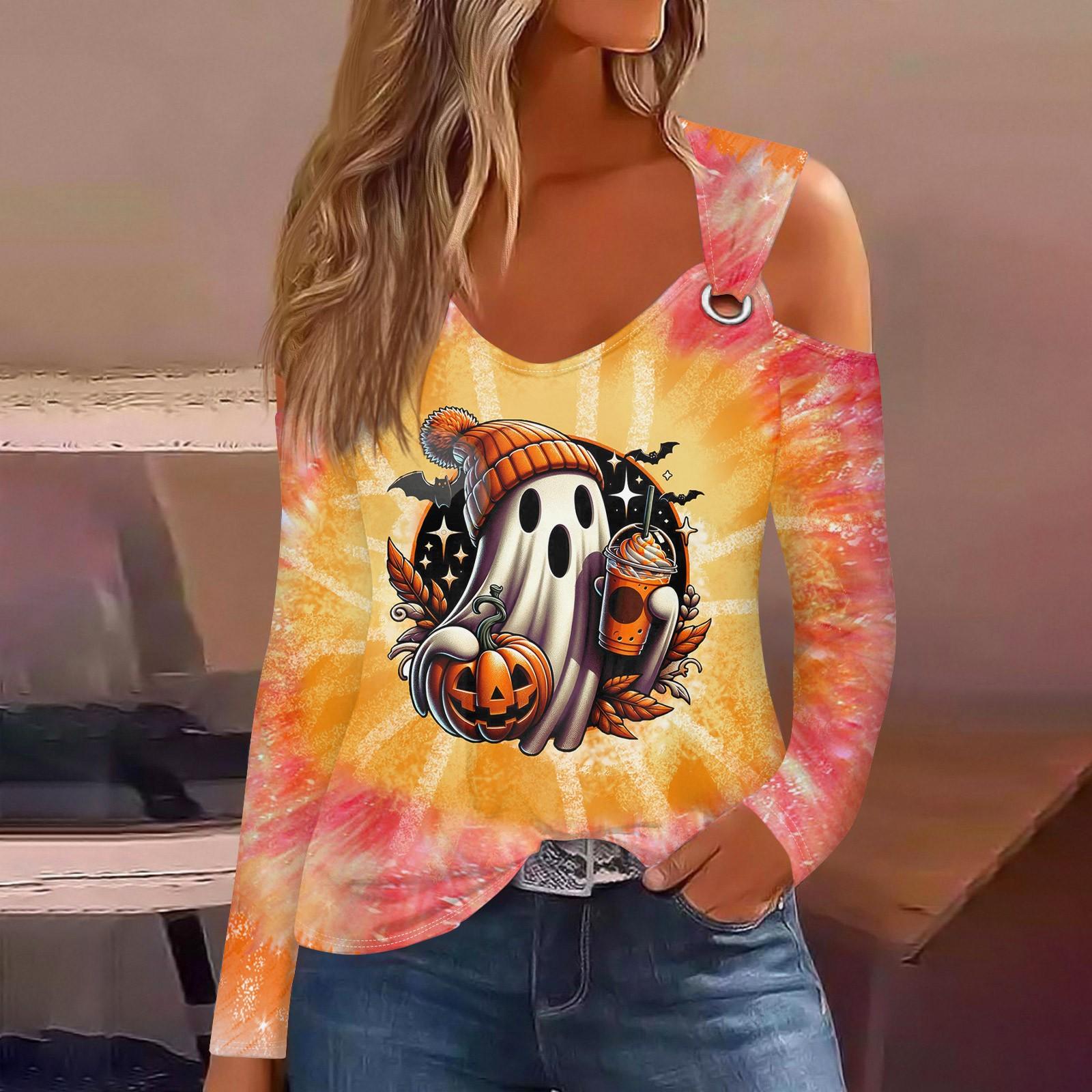 

Women s Fashion Halloween Ghost Print V Neck Long Sleeve Buttoned Off Shoulder Casual T Shirt Top L шафрановий