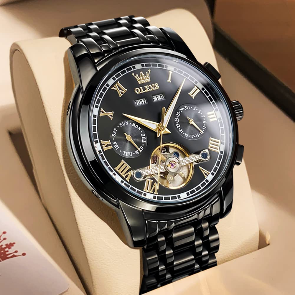 OLEVS Mechanical Automatic Moon Phase Watch Stylish Skeleton Waterproof Popular Luminous Watch for Men