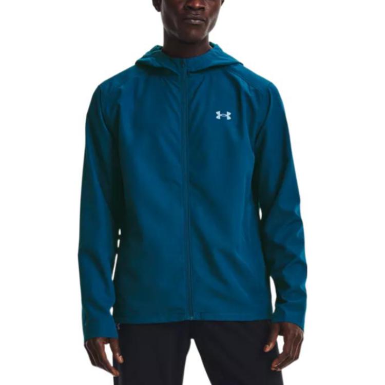 Under Armour SS22 UA Out The Rain Embroidered Logo Hooded Jacket Men Outerwear Blue 1365620-458