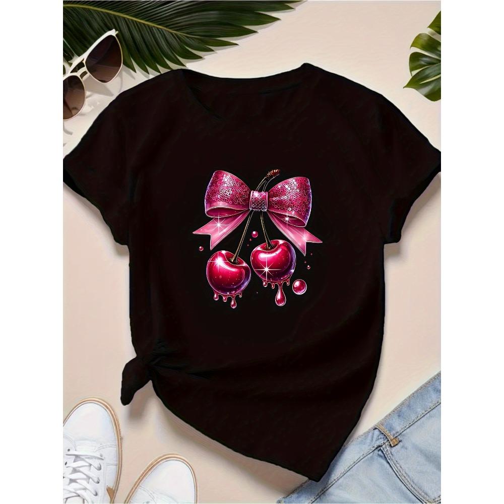 Women's Casual Short Sleeve T-Shirt Black Fit Round Neck with Bright Geometric Cherry Print Harajuku Short Sleeve