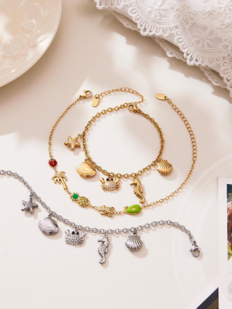 Oumeka Ocean Stainless Steel Zircon Crab Seashell Necklace & Bracelet Set