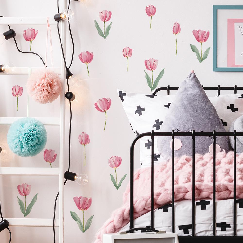 2 Pcs Simple Pen Pink Tulips Bedroom Living Room Home Wall Background Beautification Decoration Wall Stickers