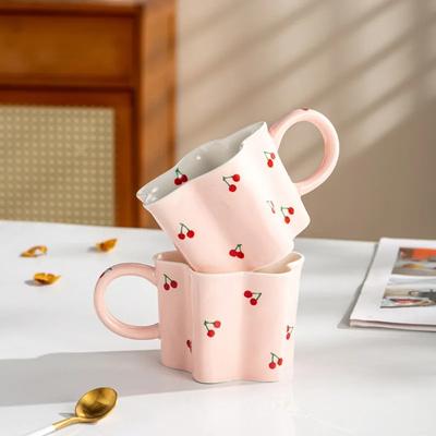 Hand Painted Cherry Mug Creative Irregular Water Cup Girl Lovely Pink Handmade Ceramic Milk Cups Porcelain Coffee Cups Gift