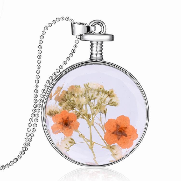 Qiuhan Specimen Round Alloy Pendant Romantic Mother s Day Gift Women s Dried Flower Glass Wish Bottle Pendant Necklace 60cm&necklace