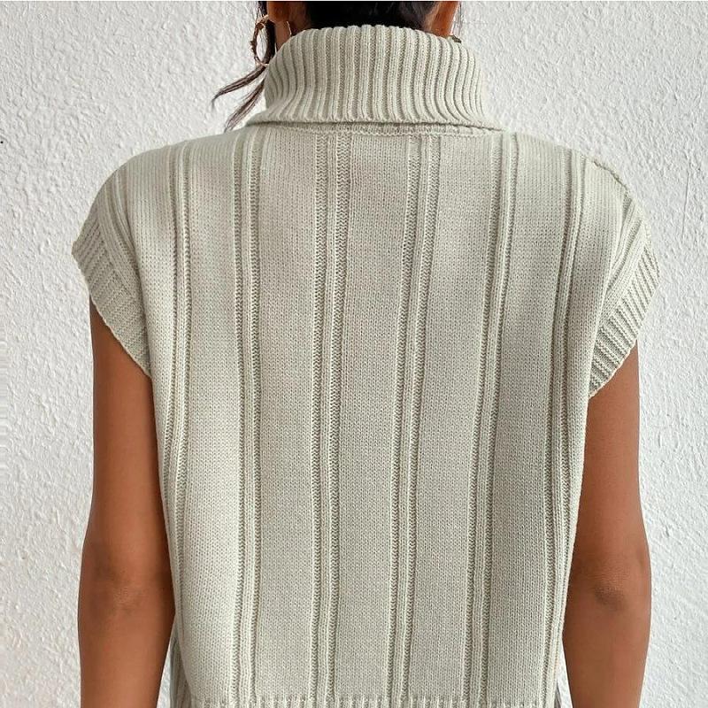 IHUASU Women's Autumn Knitted Solid Colour High Neck Loose Stranded Flower Sleeveless Inner Outer Vest Vest