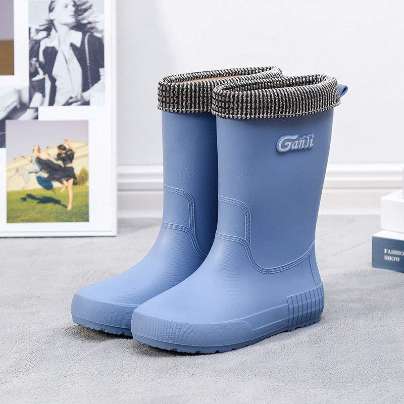 Medium tube rain shoes women's non-slip short tube rubber shoes fleece warm water shoes kitchen waterproof shoes women's lightweight flat rain boots