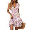 Women's Dress V-neck Sleeveless Casual Floral Print Hem Pleated Dress