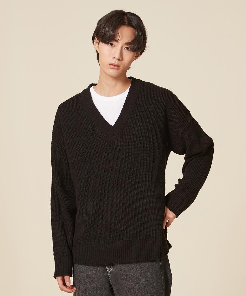 BLOND9 V-Neck Rib Knit Sweater_Black