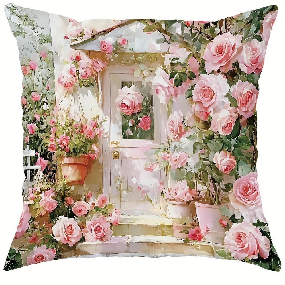 

Floral-Printed Pink Rose Pillowcases: Romantic Garden Scenes Sofa cushion cover home room decoration 2D flat printing 16x16Inch