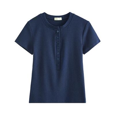 Halvöppen Krage Knapp T-shirt för Kvinnor Kortärmad Temperament Mångsidig Axeltopp