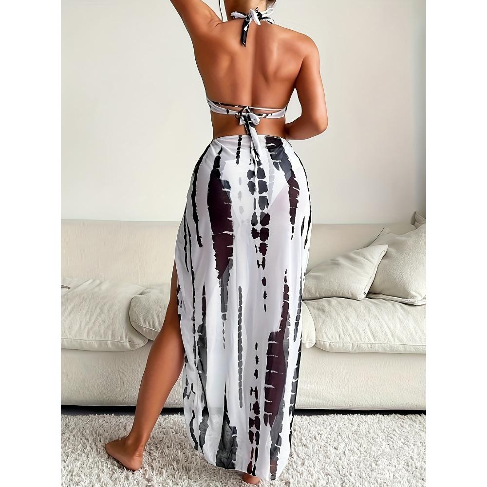Tie Dye 3 Piece Set Bikini, Halter Neck Triangle High Cut With Ring-Linked Mesh Cover Up Dress Swimsuits, Women's Swimwear & Clothing