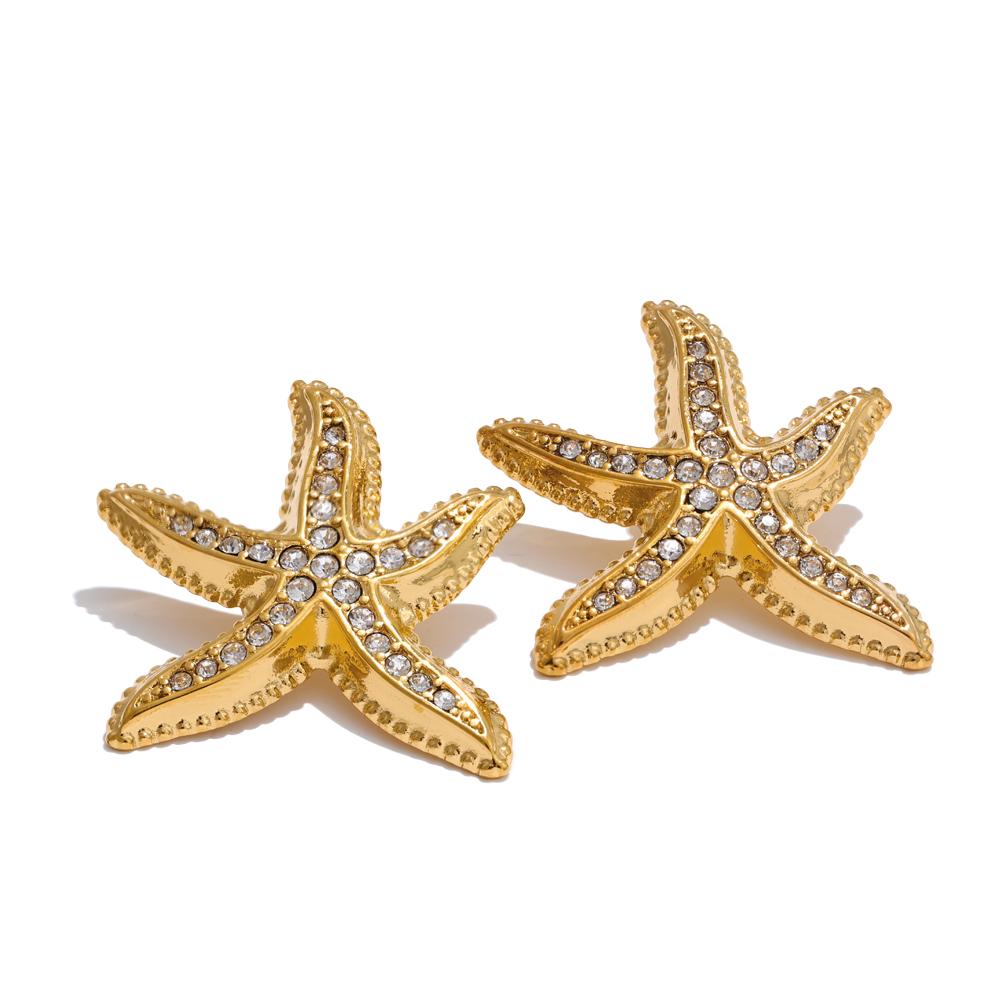 Yhpup Ocean Summer Style Cubic Zirconia Metal Starfish Stud Earrings Stainless Steel Statement Fashion Waterproof Jewelry Gift