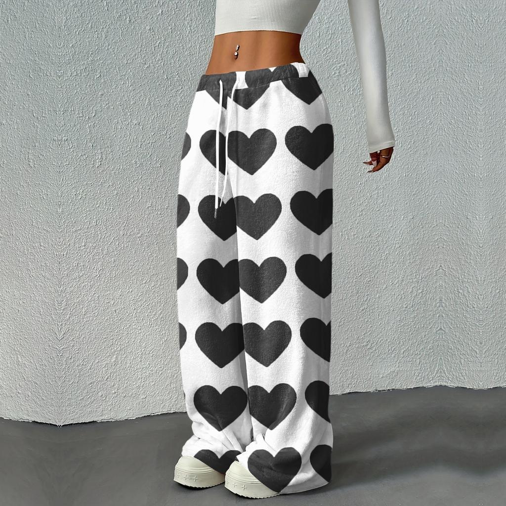 Women's Casual Fashion Printed Elastic Waist Loose Straight Leg Pants With Rope