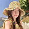 Straw Hat Large Brim Sun Protection Wide Brim Beach Hat with Ethnic Beads Chain Decoration Hollow Breathable Basin Hat
