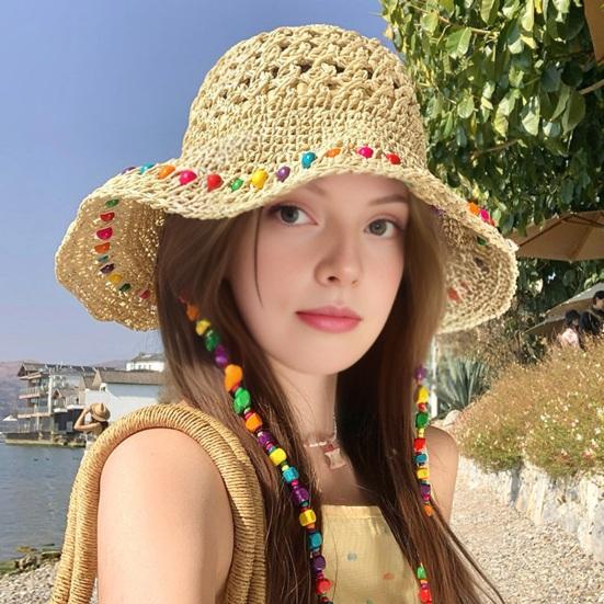 Straw Hat Large Brim Sun Protection Wide Brim Beach Hat with Ethnic Beads Chain Decoration Hollow Breathable Basin Hat