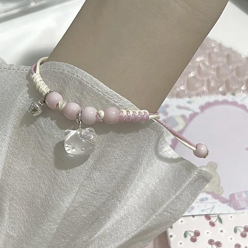 Kawaii Hello Kitty Bracelet Y2K Pink Bracelet Lucky Girl Braided Rope Bracelet Sweet Cute Pendant Friend Couple Jewelry Gift