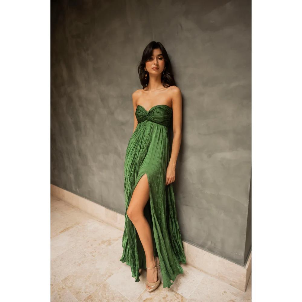 

European and American Summer Chest Wrapping Sexy Ins Style Hem Split Pleated Off-the-shoulder Medium and Long Dress 82 XL зелений