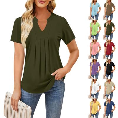 Women's Short Sleeve Casual V-neck Chest Pleated Printed Loose T-shirt Top