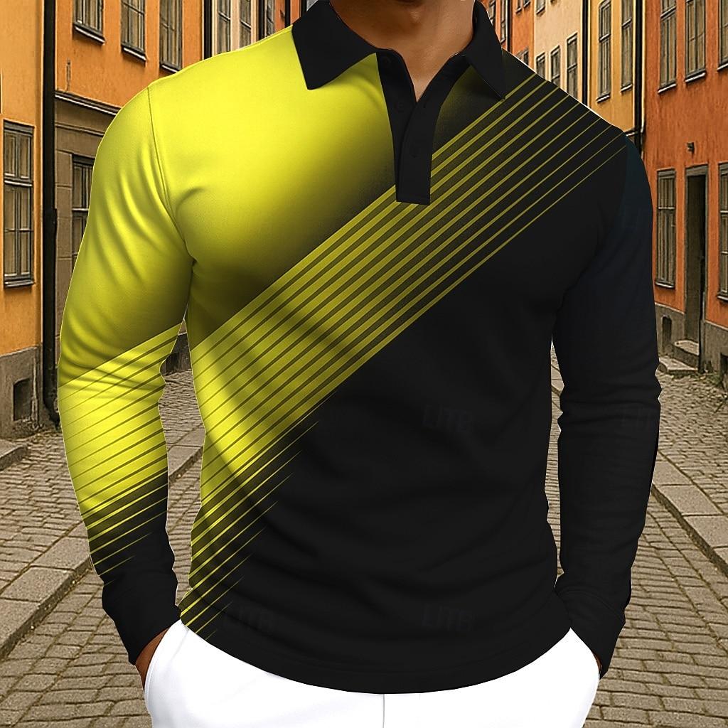 Men's 2025 Long Sleeve Polo Shirt,Polyester Slim Fit, Gradient Geometic Printed Casual Tops, Spring Autumn Quick Dry Performance