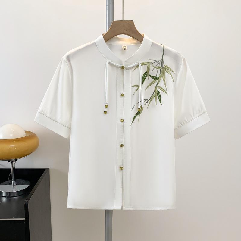 

Women s Retro Embroidered Short Sleeve Shirt - National Tide Style XL білий