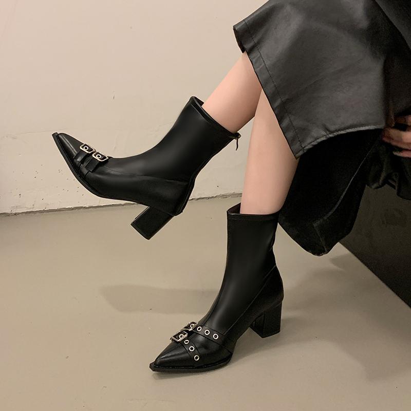 Fashion Autumn/Winter Pointed Toe Belt Buckle Block Heel Short Boots Women's Fashion Back Zip Soft Leather High Heel Skinny Booties