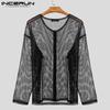 INCERUN Men Long Sleeve Mesh See Through Hollow Out Zipper Beach Shirts Tops