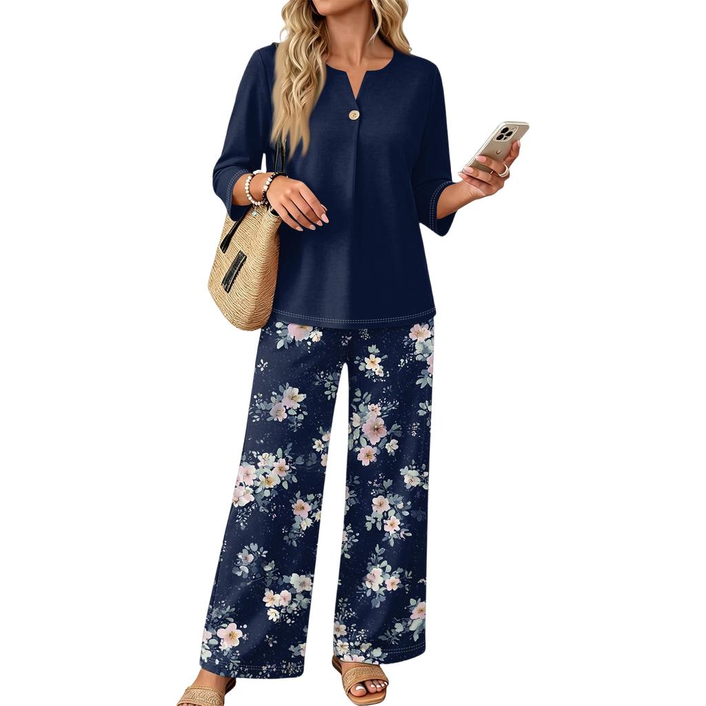 Women’s Casual Printed Button Top and Wide Leg Pants Two Piece Set with Three Quarter Sleeves Relaxed Fit Outfit for Daily Wear