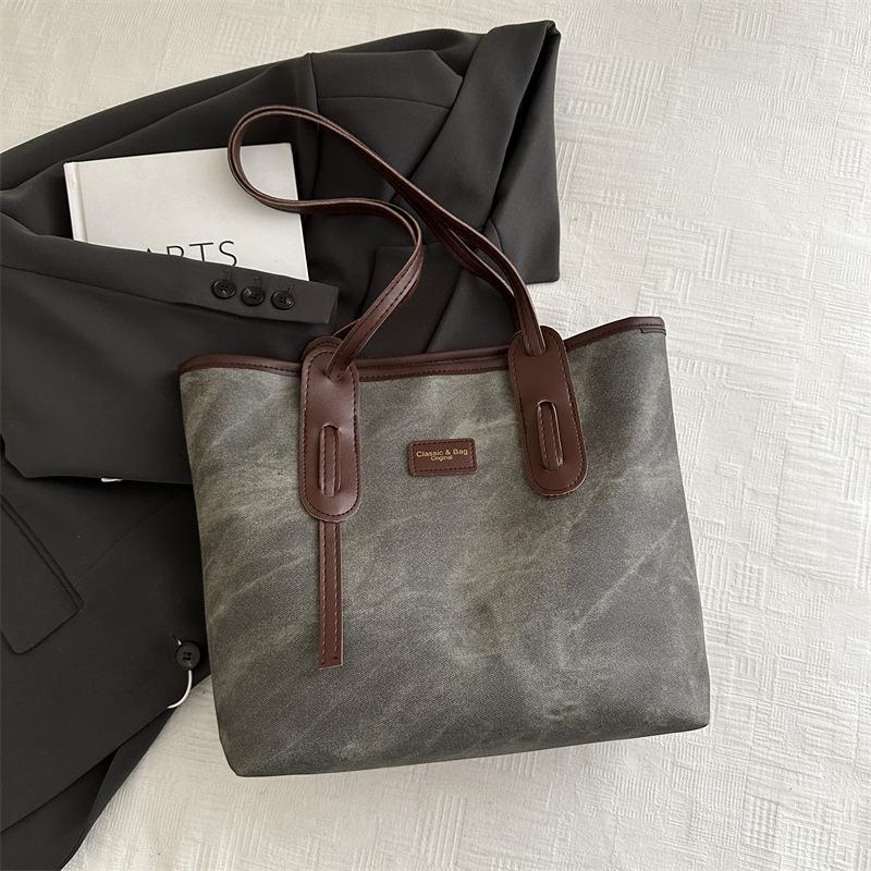 Retro Large-capacity Tote Bag Women's 2025 New Fashion Texture Shoulder Bag Simple Work Commuter Bag Splicing