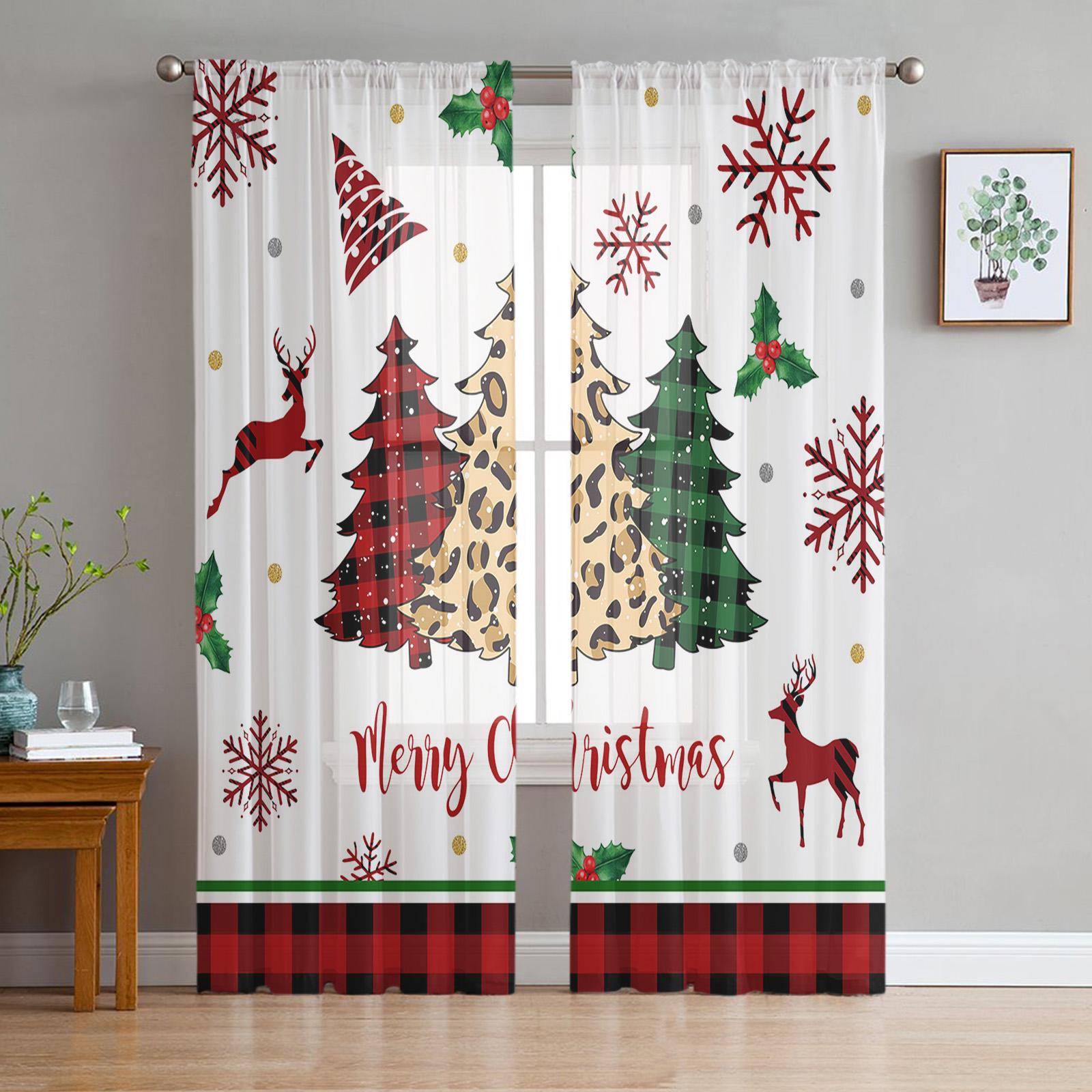 

Рождественские украшения Рождественская елка Снег Прозрачные шторы для гостиной Тюль для окон Вуаль Пряжа Короткие шторы для спальни W135 x H114cm