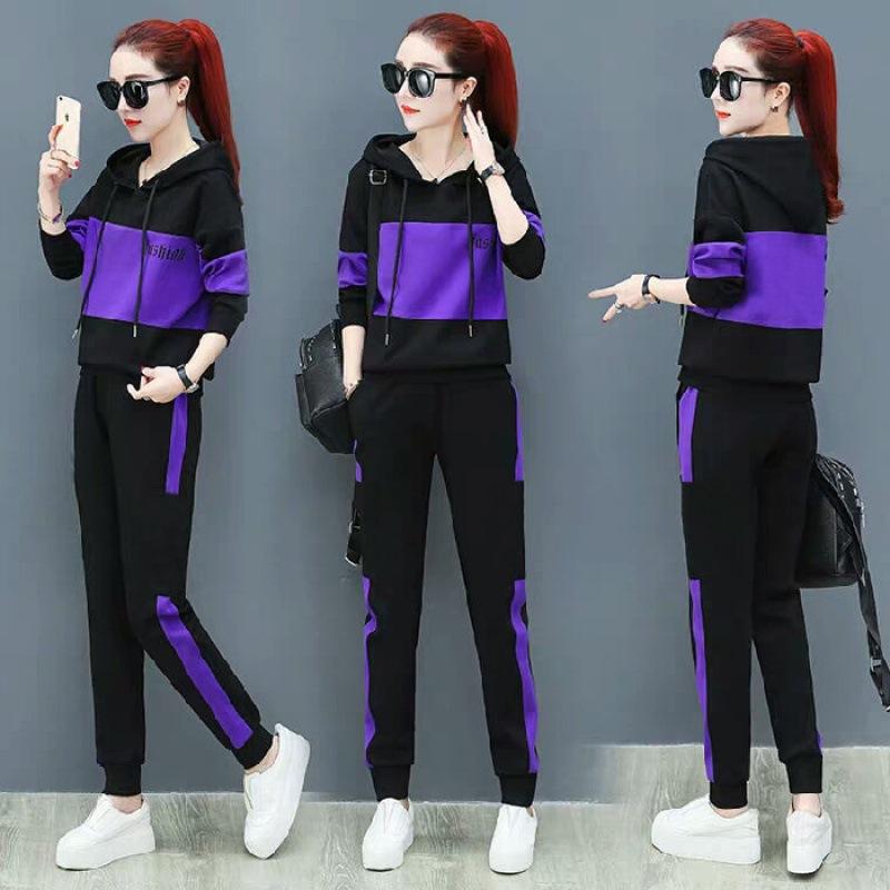 Autumn and Winter Sports Suit Women's Casual Korean Style Loose Slim Hooded Sweatshirt Large Size Two-piece Set