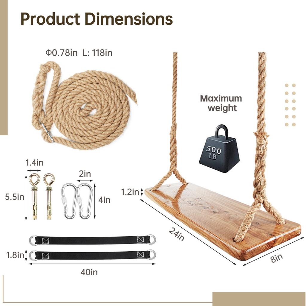 For Wooden Tree Swing 500lbs Load Capacity Wooden Swing For Kids Adults Adjustable Height Waterproof Hanging Swing Seat For Outd