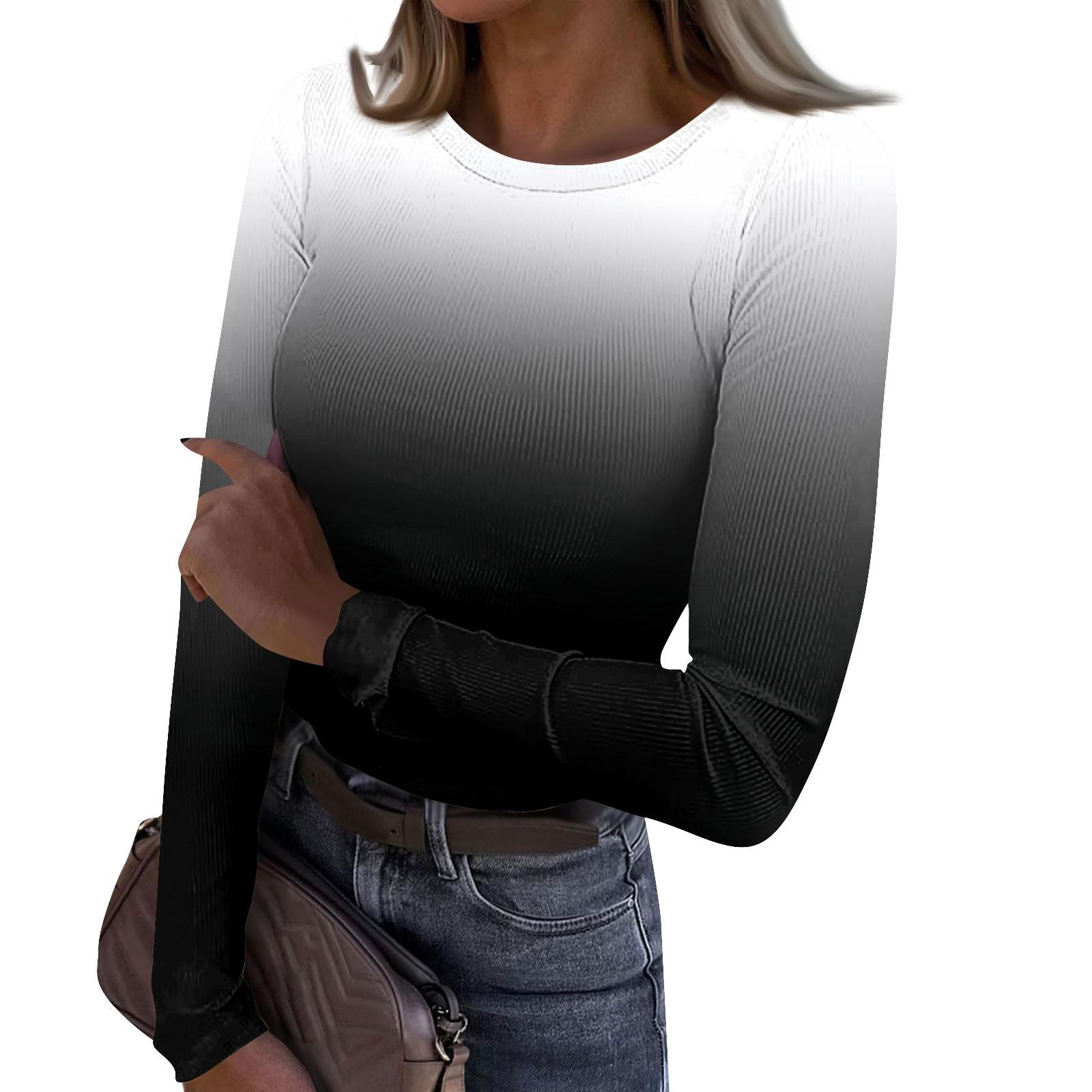 

Женская и зимняя футболка с тонким низом, модная повседневная футболка с градиентным принтом и круглым вырезом, пуловер с длинным рукавом XXXL чёрный