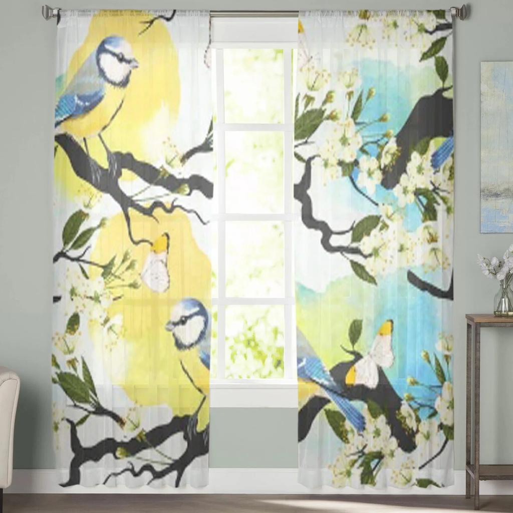 Blooming Cherry Branch Sheer Curtains For Living Room Modern Fashion Valance Curtains For Kitchen Tulle Curtains