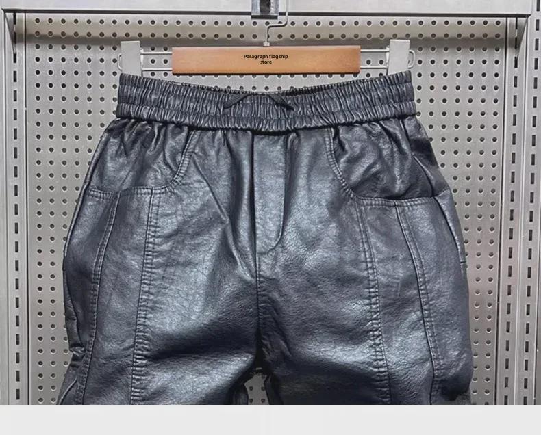 Pánské PU kožené větruodolné teplé kalhoty s velurovou podšívkou - podzimní a zimní styl