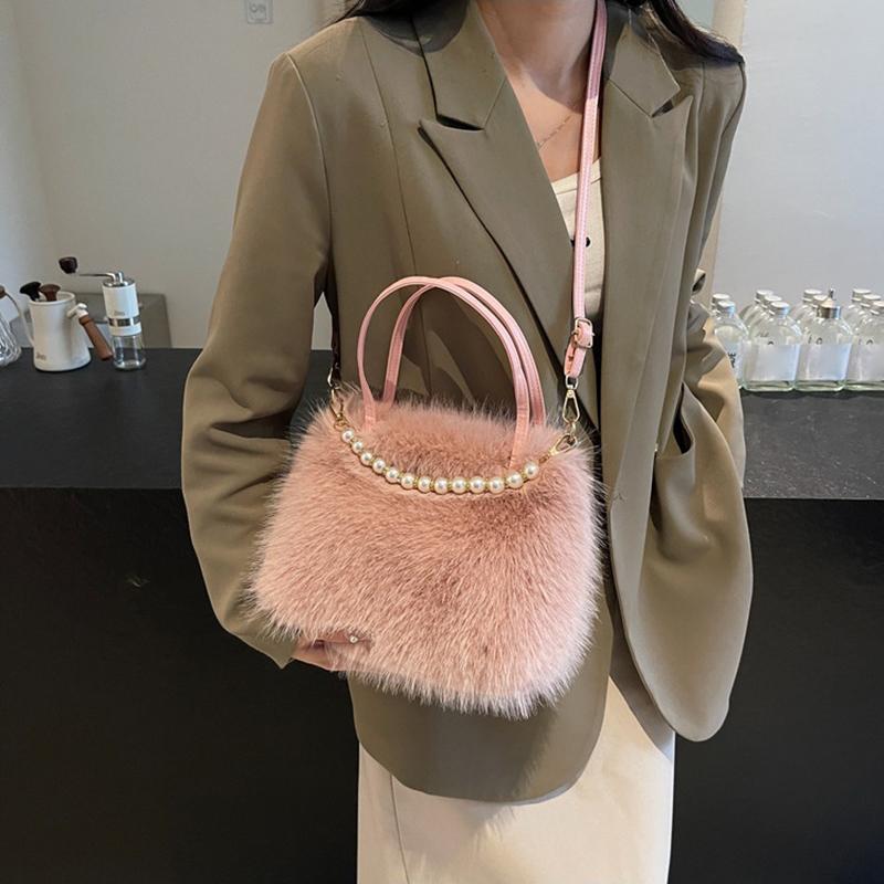 Yogodlns Winter Fashion Faux Fur Crossbody Bags for Women's Gift, Pearl Chain Decor Shoulder Bag, Ladies Handbags Top-handel Bag
