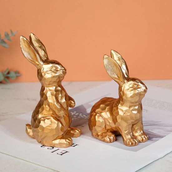 2Pcs Easter Bunny Ornament Carved Golden Rabbit Resin Figurine Animal Statue Home Office Holiday Party Desktop Decoration
