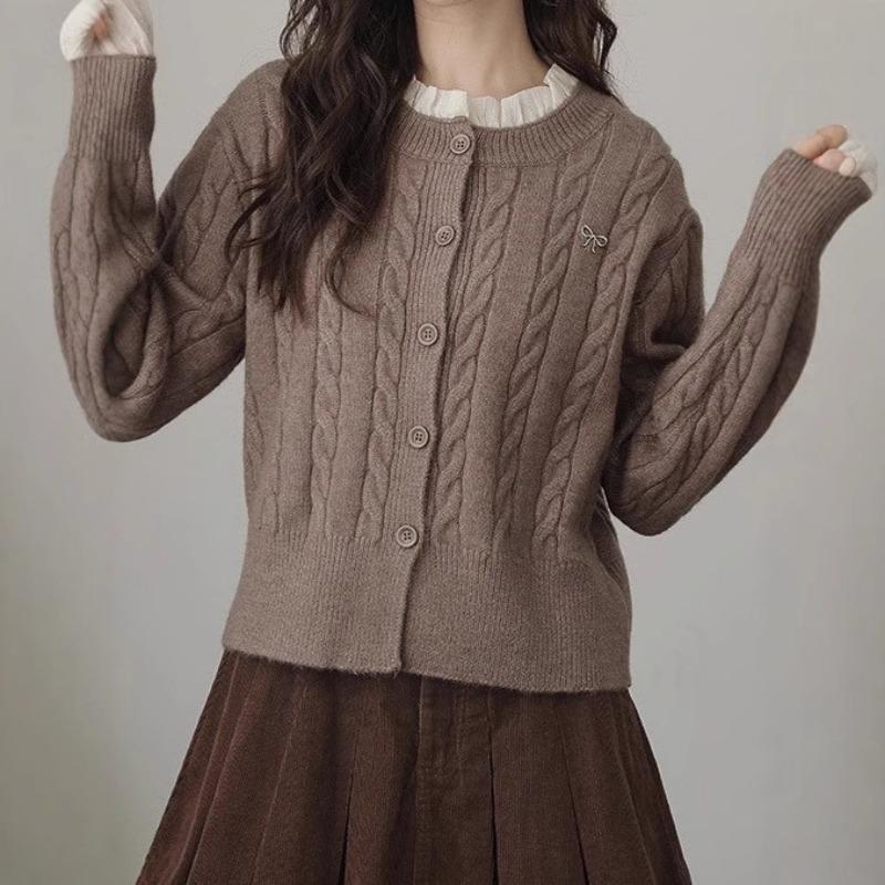 Autumn and winter new women's clothing tops fake two-piece sweaters women's long-sleeved crew neck versatile jacket twist knitted cardigan