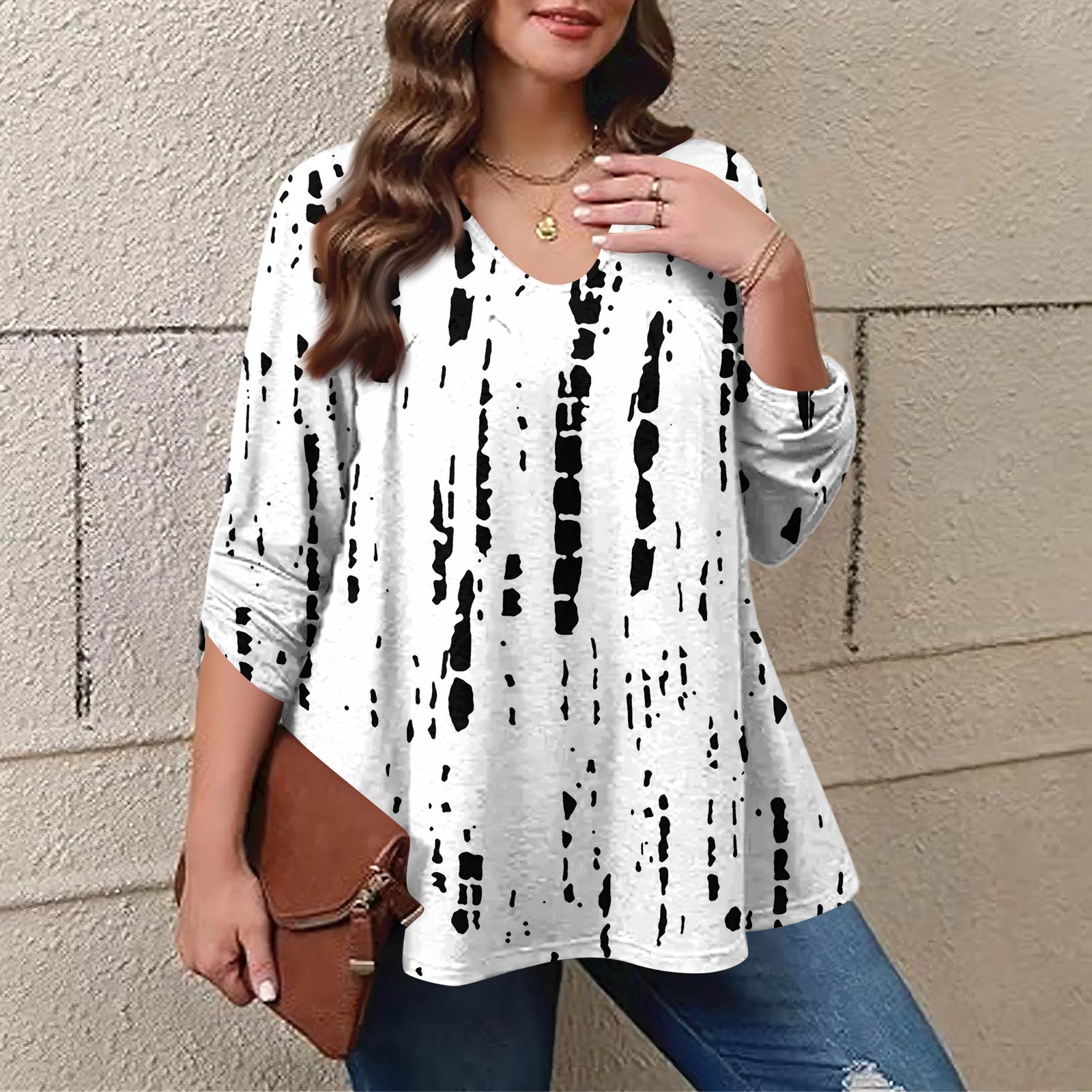 

Women s Plus Size Fashion Printed Casual Pleated Round Neck Long Sleeve Top XXXL