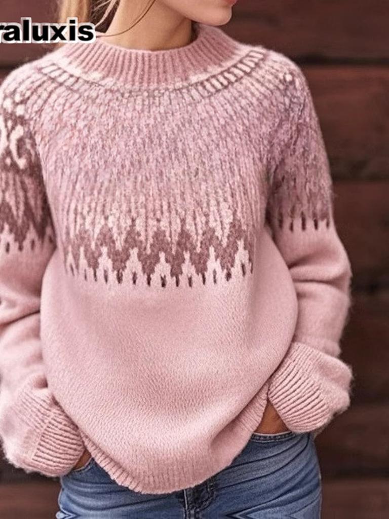New Style Women's Wool Sweater Wish Hot Sale Crewneck Color Block Loose Fashion Pullover Knit Shirt