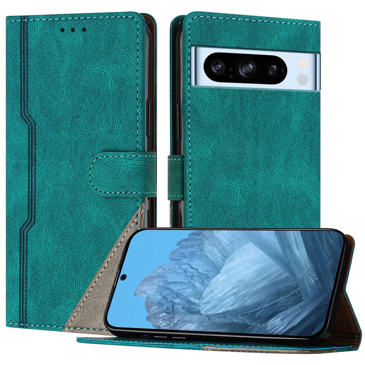 

For Google Pixel 8 Pro Leather Case Triangle Patchwork Wallet Stand Shockproof Phone Cover Green