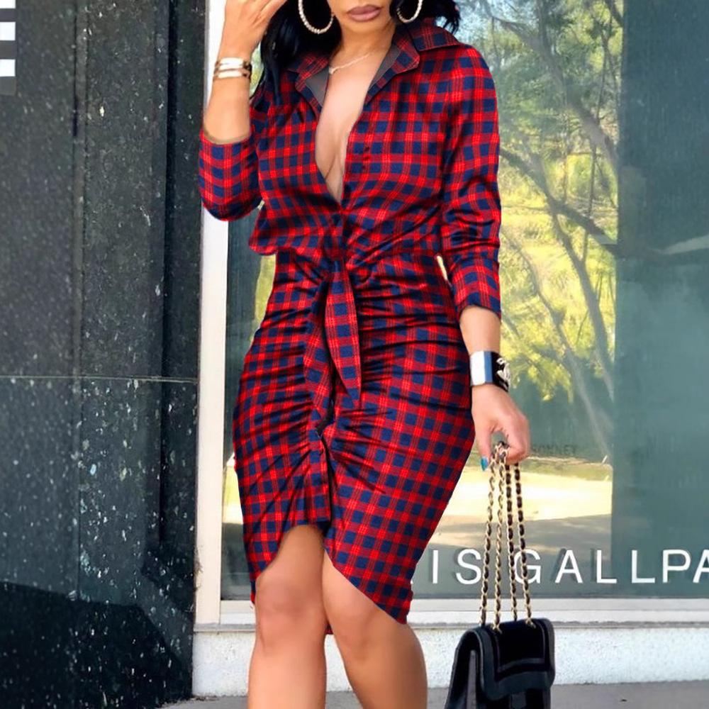 IHUASU Summer V-neck Lace-up Solid Color Long-sleeved Mid-length Shirt Dress Women