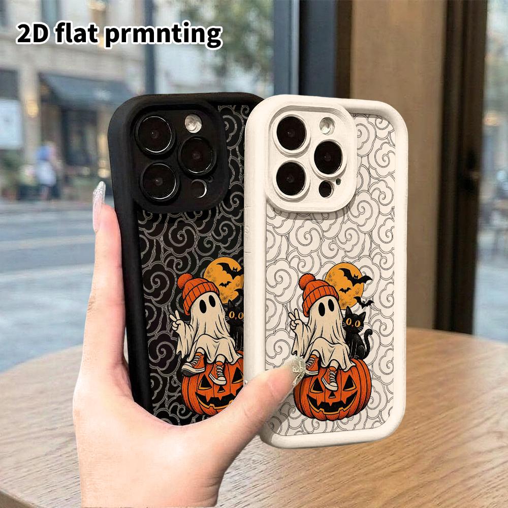 Phone Case: 2D flat design suitable for iPhone 18 17 16 15 14 13 Pro protective case, unisex, ghost and black cat, Christmas and Halloween gift