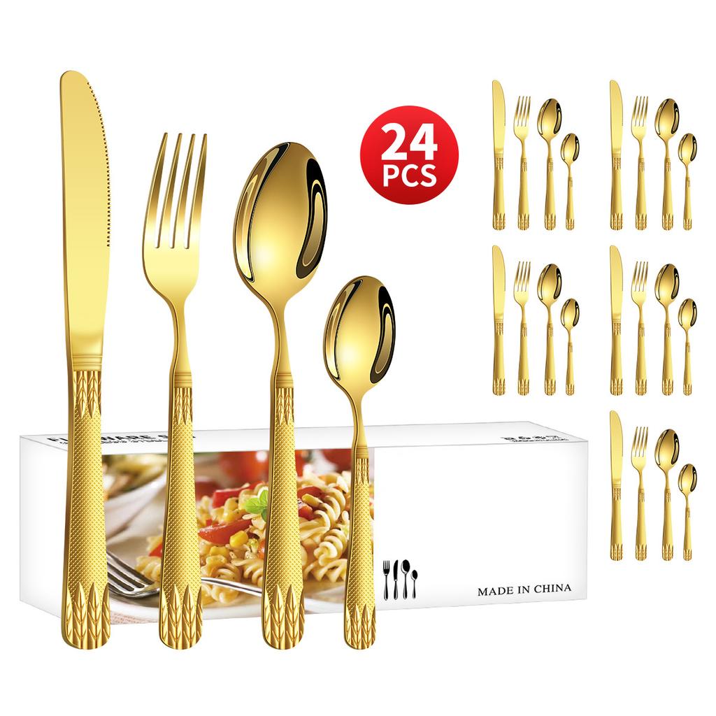 Stainless Steel Embossed Handle Western Food Hotel Tableware Knife, Fork and Spoon Dessert Spoon 24 Pieces Suit