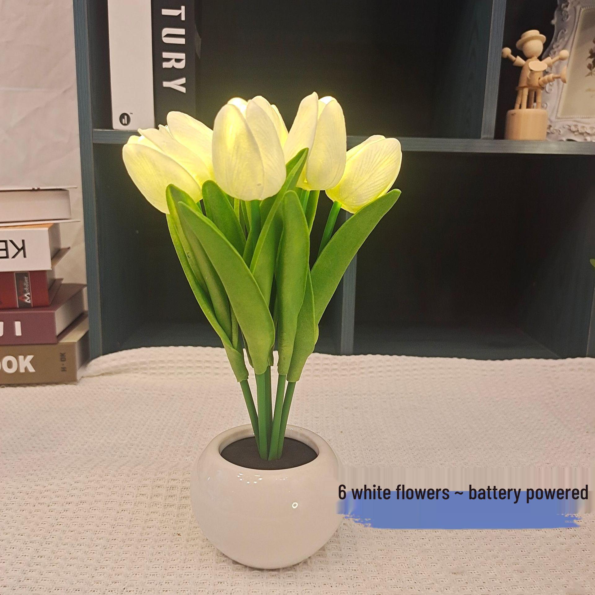 

6 Tulip LED Night Light USB Lamp - Artificial Flower Bouquet for Bedside or Desk. Battery-Powered