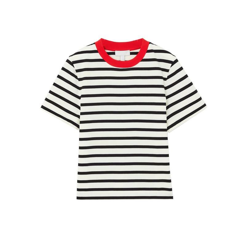 Spring New Women's Clothing European and American All-Matching Minimalist Standard Edition Contrast Color round Neck Short Sleeve T-shirt 9606791