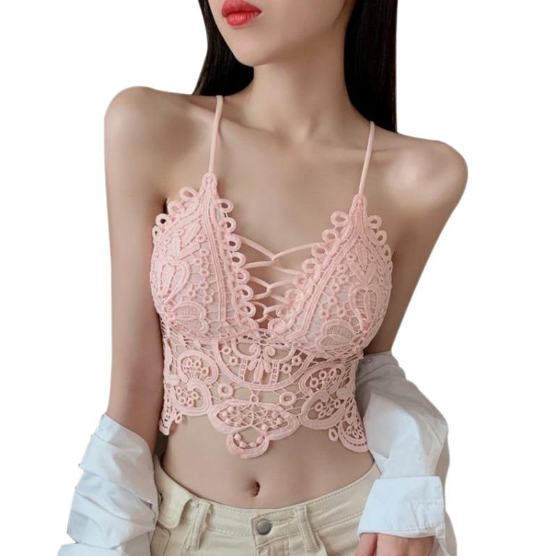 Lace Bralettes for Lady Lace Longline Bralette Deep V Neck Padded Wirefree Bra