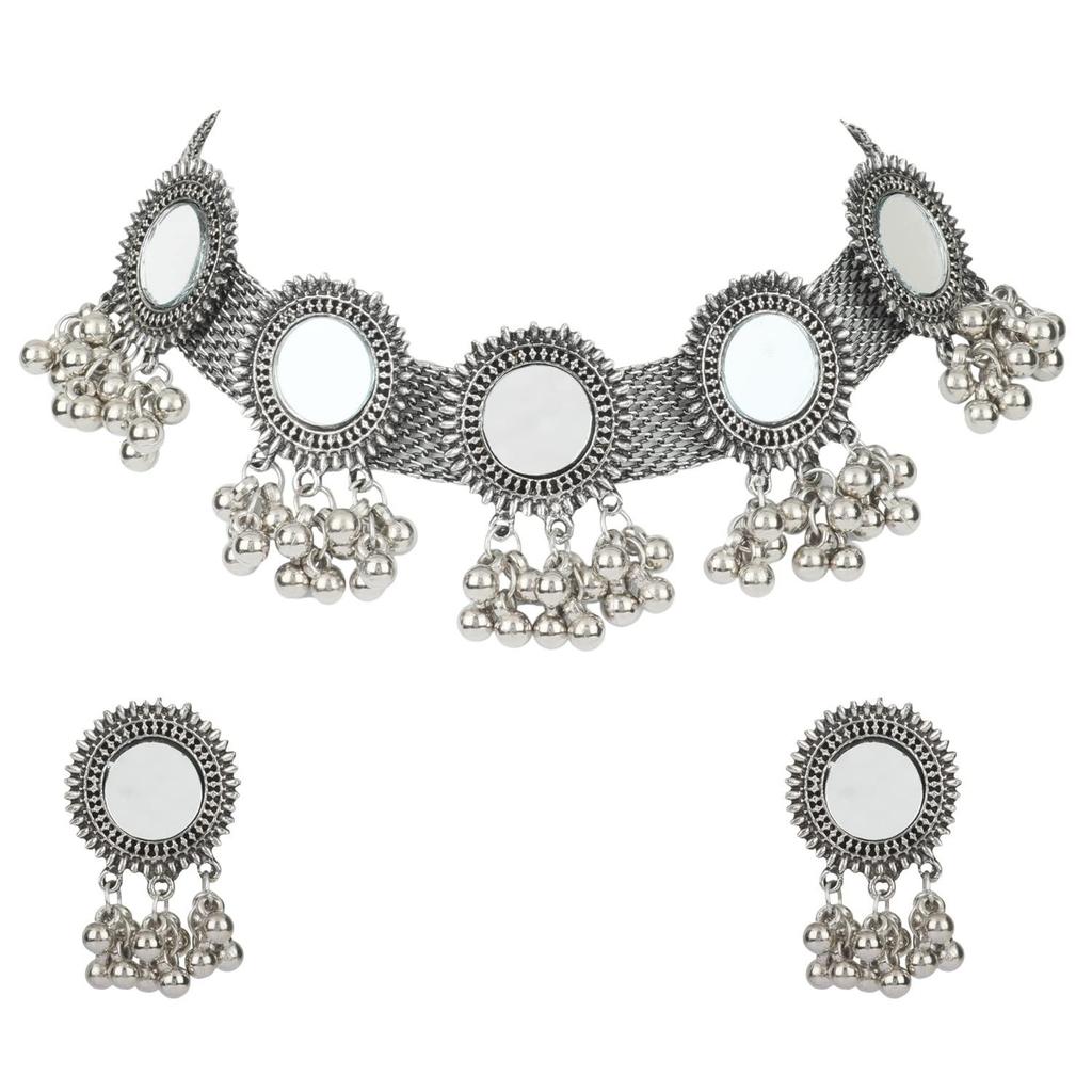 Kvinnor Senaste Stilfulla Fancy Oxiderat Silver Tribal Choker Halsband Med Örhängen Smyckesset